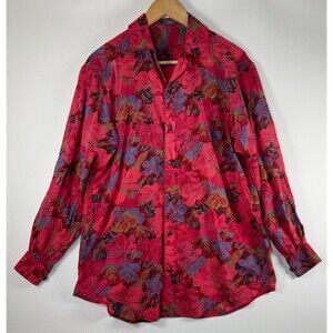 Vintage LizWear Womens Button Up Blouse Small Red Pink Floral Cotton 80s 90s
